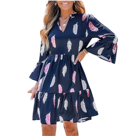 Cupshe Dresses & Skirts - NWT Cupshe Feather Print Bell Sleeve Tiered Mini Dress Blue Pink L
